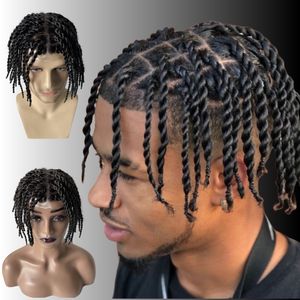 Piezas de cabello humano virgen europeo 200% densidad 1b # trenzas torcidas negras nudos piel PU peluquín para hombres negros