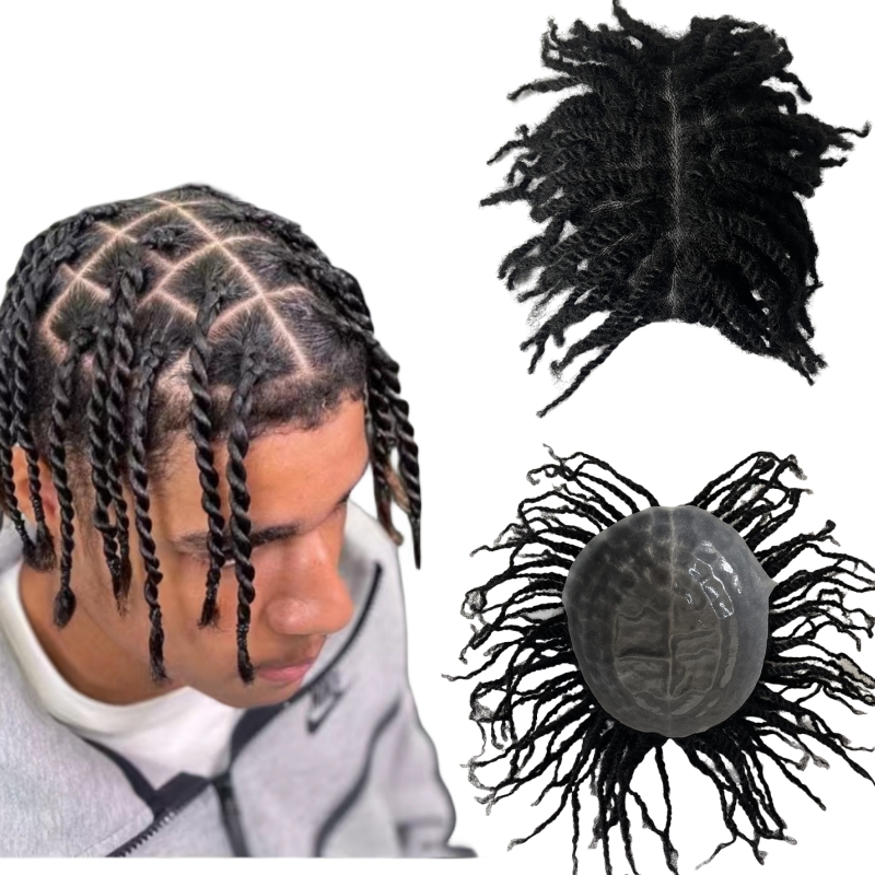 Remplacement des cheveux humains vierges européennes # 1 Couleur noire Afro Twist Traids 8x10 Full PU Toupee pour hommes noirs