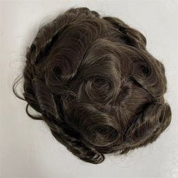 Reemplazo de cabello humano de la virgen europea Color marrón oscuro #2 32 mm ondas nudos pu toupes para hombres