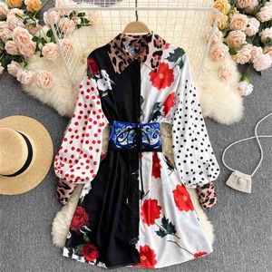 Robes de femmes européennes Couleur Assortie Imprimer Polka Dot Revers Puff Sleeve Slim Court Midi Robe GK830 210506