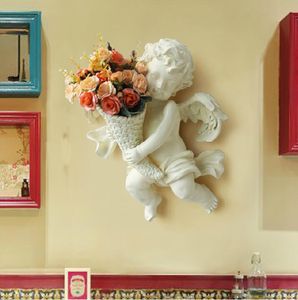 Florero de seda de Ángel de resina protector del medio ambiente europeo, florero de seda montado en la pared, tres ramas de flores artificiales, ángulo de venta
