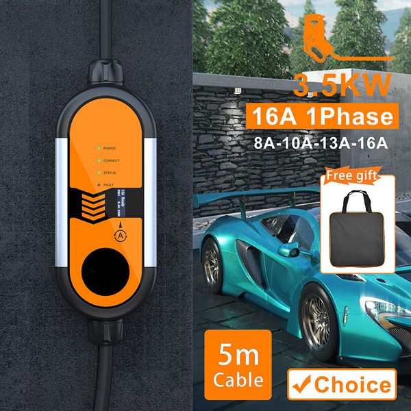 EV Portable Charger Type2 16A 3,5 kW Chargeur de voiture Type1 J1772 Adaptateur Charge 5m Câble avec schuko plug evse wallbox pour voiture électrique