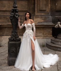 Eva Lendel 2023 Robe De Mariée En Dentelle Appliqued Bohème Perlé Plage Côté Split Robes De Mariée Amovible À Manches Longues Robe De Novia