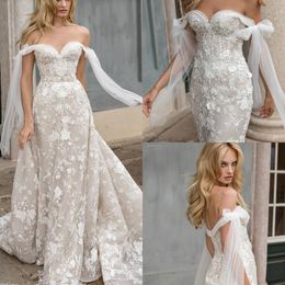 Eva Lendel -jurken met afneembare trein kanten Appliqued Boho Mermaid Vestidos de Novia Off Shoulder Bridal Wedding Trogs
