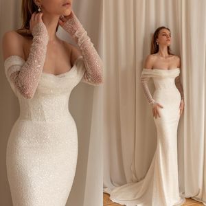 Eva Lendel Sparkly Beading Mermaid Wedding Jurk met afneembare trein uit de schouder lange mouw bruidsjurken lovertjes gewaden de mariie