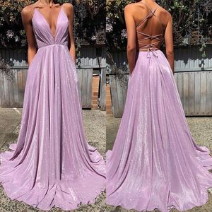 2020 Goedkope spaghetti-riemen lange backless lavendel prom dresses volledige pailletten v-hals ruches avond feestjurk event jurken BC1727
