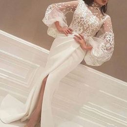 Avond 2021 Nieuwste jurken Hoge nek Koer Appliques Lange grote mouw Side Slit Witte Arabische zeemeermin Prom Formal Jurken