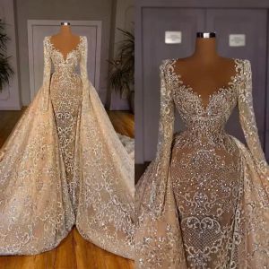 Avond 2023 Champagne -jurken Lange mouwen Mermaid Overskirt Sweep Train Lace Applique kralen satijn plus size plooien prom jurk formele aangepaste vestidos