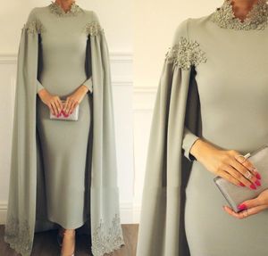 Avond Arabische grijze jurken Draag juweelhals kant -appliques kristallen kralen Lengte met cape op maat gemaakte sexy prom lange mouwen gewaad de marrige
