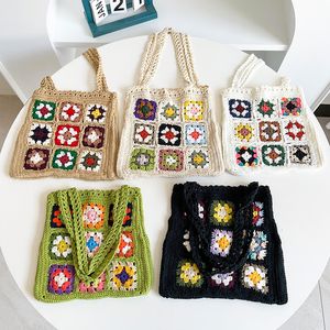 Bolsa de noite Boho Woven Tote Summer Beach Handbag Floral Handmade Tecelagem Shoulder Bags Hand Crochet Flower Stitching Shopper 230804