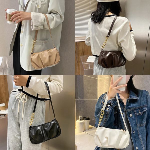 Bolso de noche Bolso de hombro con cadena de moda Color sólido Cremallera Bolso de cuero de PU Blanco Caqui Negro Marrón 231218