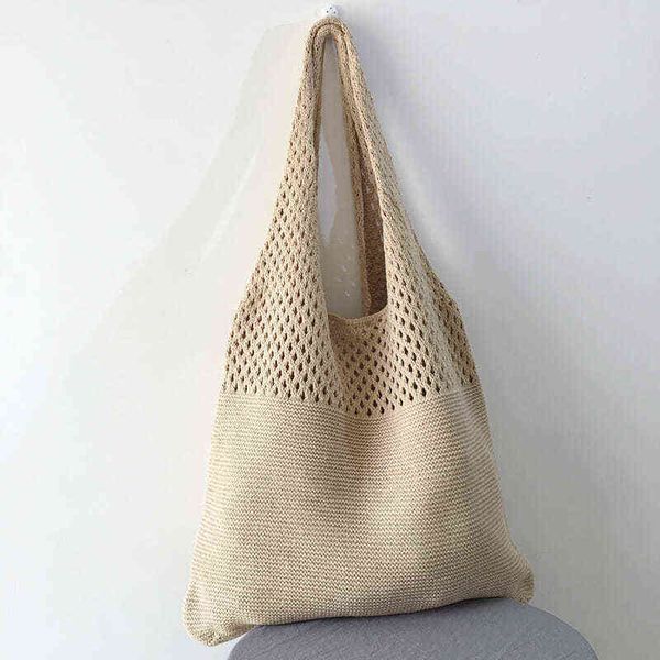 Bolso de noche Han Wang's Same Chic Simple Hollow Knitting Hand Holding Single Shoulder Vest Wool Wool Versátiles 0805