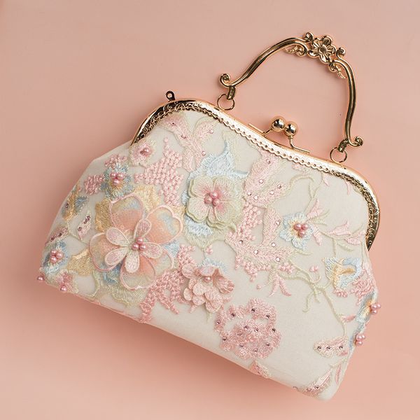 Sac de soirée dentelle rose Lolita perle cadre perlé dame fourre-tout Vintage sac transparent solide sac à main avec tissu de coton blanc 230729