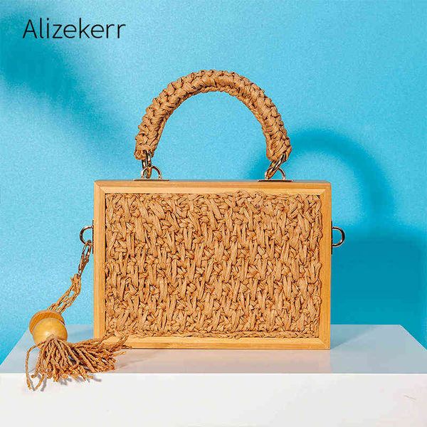 Sac de soirée rétro tissé sac de paille pour femmes 2022 nouveau concepteur d'été collier de perles en bois gland petit carré plage sac à bandoulière jour embrayage 220622