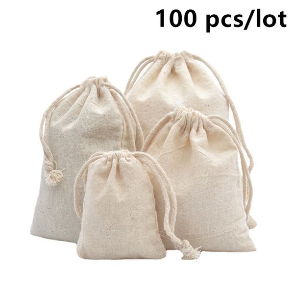 Sacs de soirée 100 pièces/lot sacs à cordon en coton pour mariage cadeau de noël paquet de bricolage petites pochettes unies sacs de rangement anti-poussière à la maison 230808