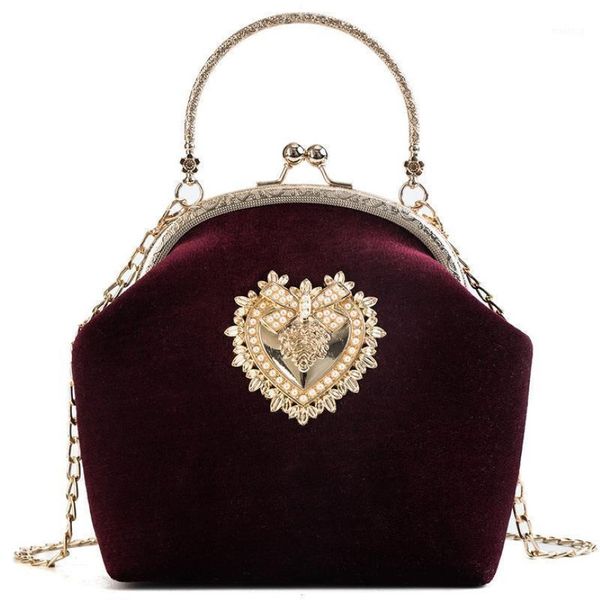 Sacs de soirée 2021 Femme rétro Velvet Pearl Handsbag vintage Velor Heart Design Sac de mariée Badge Claking Badge 295p