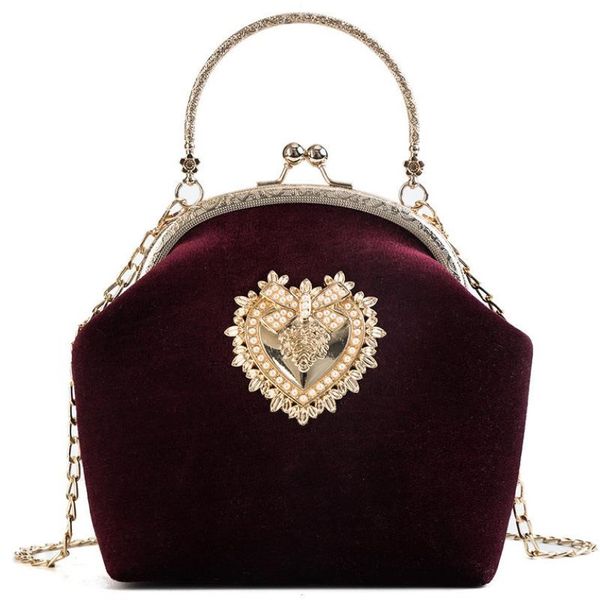 Sacs de soirée 2022 Femme rétro Velvet Pearl Handsbag vintage Velor Heart Design Sac de mariage Badge Claking Badge 192y