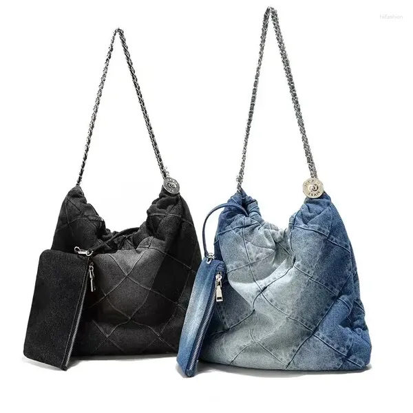 Bolsas de noche 2023 Canvas Denim Blue Mujeres Tote Casual Gran Capacidad Hombro Femenino Diseño Simple Bolsos Bolsos Trenzados