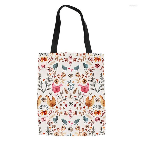 Sacs De soirée 2023 dessin animé poulet fleurs motif femmes toile réutilisable voyage stockage filles sac à main épaule pochette Bolsa De Lona