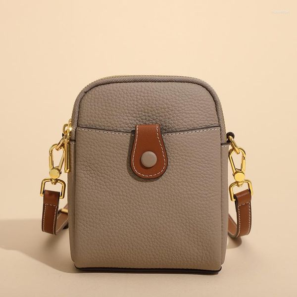 Bolsos de noche 2023 Casual de cuero genuino para mujer, bolso para teléfono móvil, Mini hombro para niñas, billeteras de bolsillo con paneles, monedero femenino gris