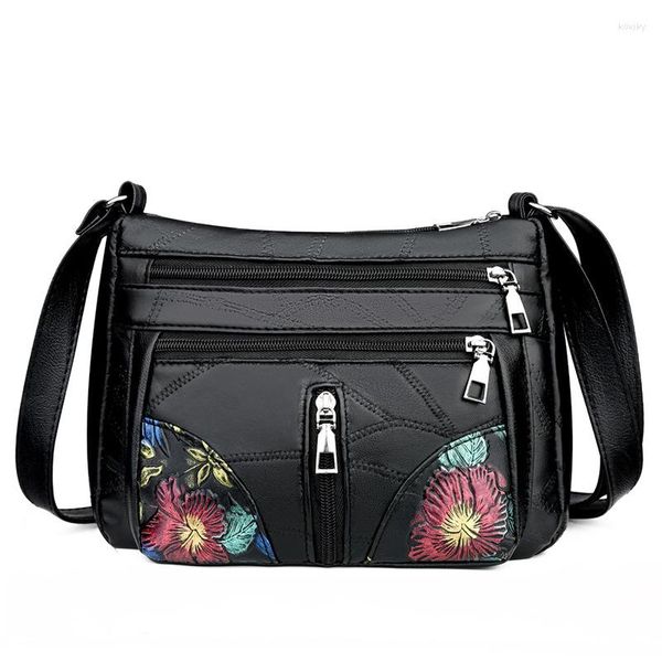 Bolsos de noche 2023 Bolsos de cuero de PU floral Bolsos de mujer Color negro Hombro femenino Bolso cruzado de la señora Bolso grande de viaje casual