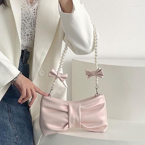 Sacs de soirée 2023 Perle Bowknot Sac sous les bras pour femmes Rose Blanc Pearlescent Épaule Ins Designer Doux Sac à main Bandoulière Stockage