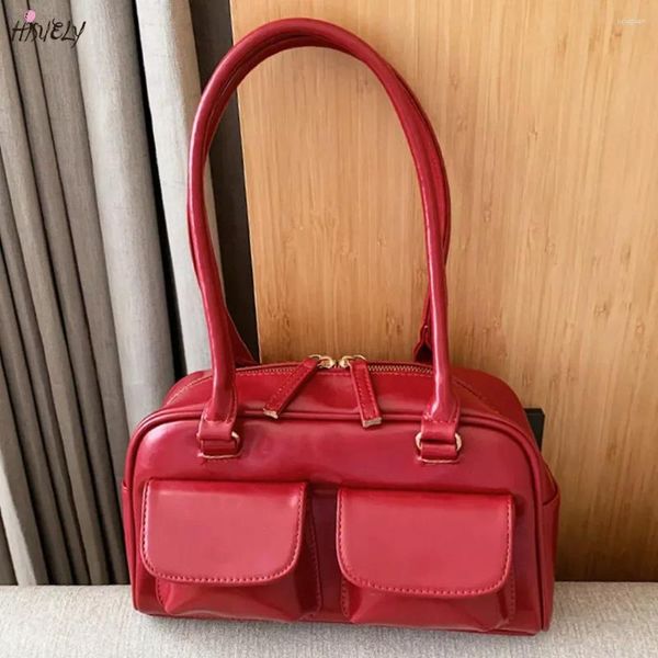 Sacs de soirée 2023 Rétro Rouge Femmes Totes Satchel Hobo Sac En Cuir Verni Multi Poche De Luxe Designer Sacs À Main Femme Épaule Aisselles