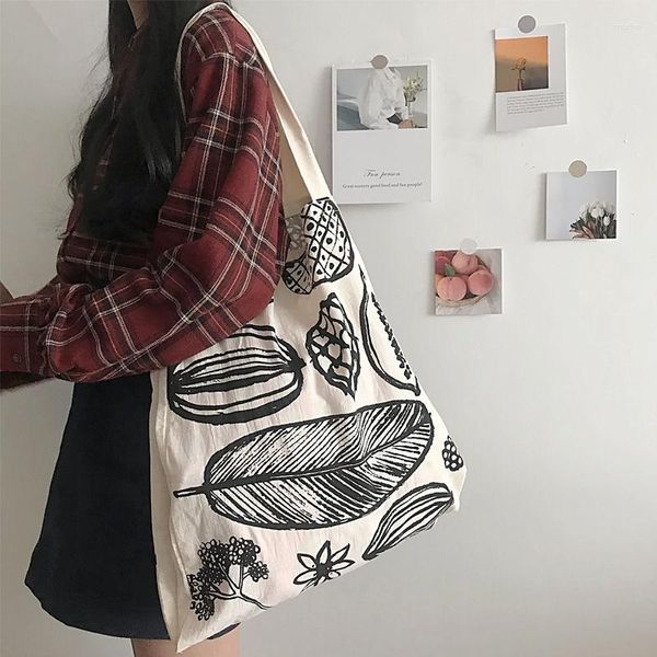 Sacs de soirée 2023 réutilisable Embroid grandes feuilles toile sac fourre-tout femmes grande capacité Shopping noir blanc sac à main décontracté épaule