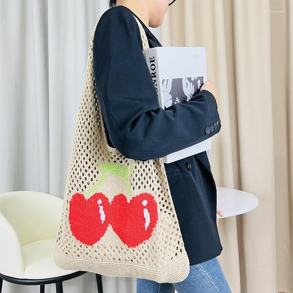 Bolsos de noche 2023 para mujer, bolso de punto de gran capacidad con diseño de cereza, bolso de mano para mujer, hombro, playa, tejido lateral para