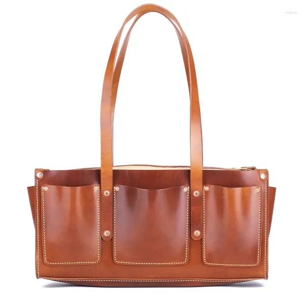 Bolsas de noche 2024 Estilo americano Retro Alto en grasa Vegetal Curtido Cuero de vaca Bolsa de hombro de gran capacidad Simple y casual Versátil Mujer