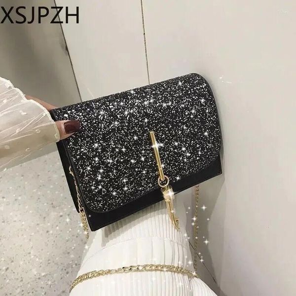 Bolsos de noche 2024 Fashion Women Bag Ins Internet Celebridades Tassel Cadena de hombro Girl Pu Material Pu Negro Black Green Sequin Star A0362