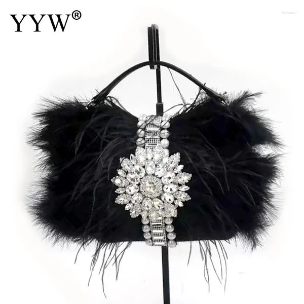 Bolsas de noche 2024 Luxury Real avestruz Feaths bolsillo para mujeres bolsas para mujeres Diamond Party Bolse