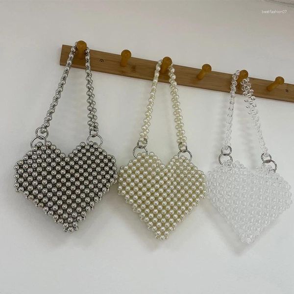 Bolsas de noche 2024 Primavera Verano Tejido Bolso de hombro para mujer Ins Silver Love Pequeño Diseño Bolso Linda Chica Versátil Perla con cuentas