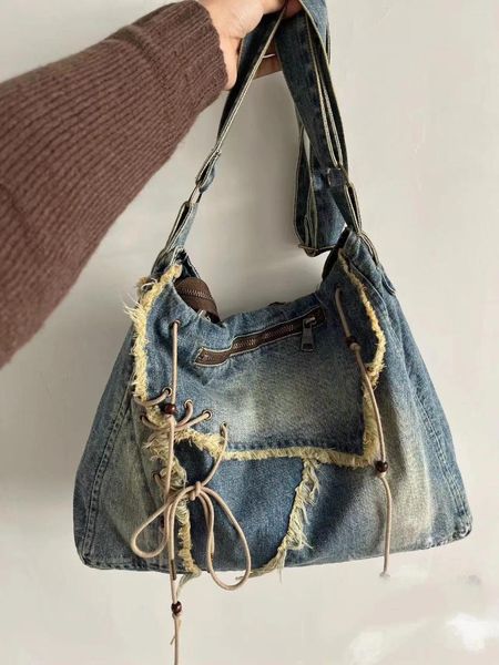 Sacs de soirée 2024 Jeans Denim lavés Sac fourre-tout décontracté Femmes Épaule Étudiant doux Grande capacité Vintage Shopping Femme Sacs à main