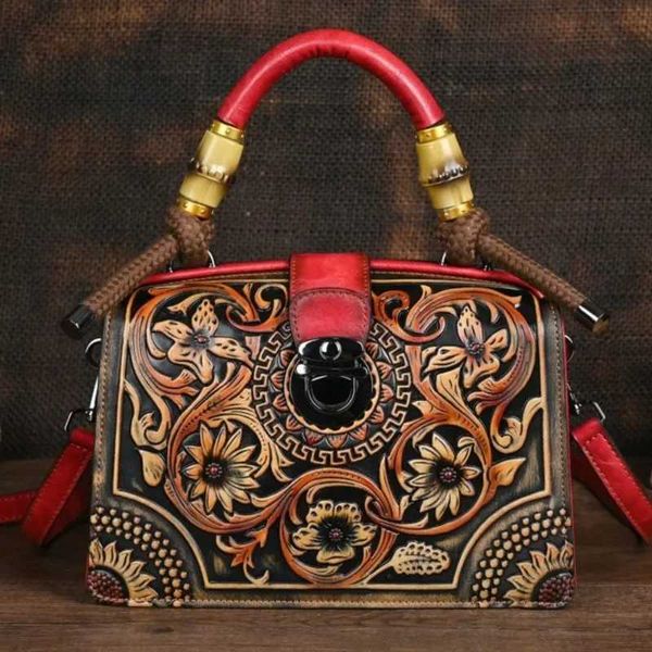 Bolsos de noche 2024 invierno femenino Vintage Floral bolso de lujo hecho a mano de cuero tallado bolso de mano de mujer versátil bolsos de hombro tipo bandolera