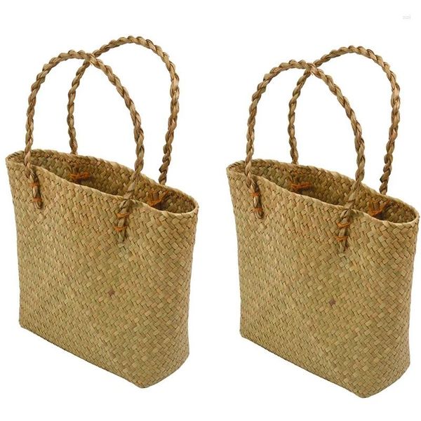 Bolsos de noche 2x Moda Paja Verano Mujer Bolsos de playa Mujer Solapa Diseñador Lady Retro Rattan Bolso de mano hecho a mano (Amarillo)