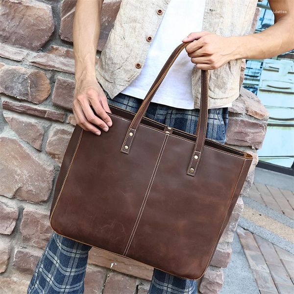 Sacs de soirée A4 Big Vintage Brown Véritable Crazy Horse Cuir 14 '' 15,6 '' Ordinateur portable Hommes Femmes Sac à main Lady Sac à bandoulière Femme Fourre-tout M6590