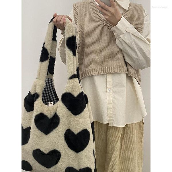 Bolsos de noche, diseño artístico, bolso de felpa para mujer, 2023, estampado de corazón de amor Kawaii, hombro de piel sintética suave para mujer, bolso de mano para compras