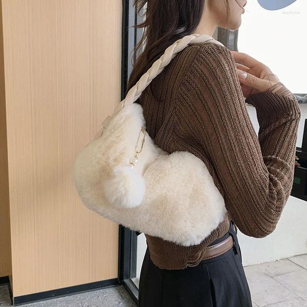 Bolsos de noche Otoño Invierno Felpa Bolso de las señoras Monedero Color Sólido Pequeño Tote Bolso de hombro Chicas Satchels Faux Fur Mujeres Underarm