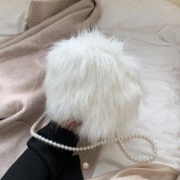 Sacs de soirée Automne Hiver Sac Femme Mode Blanc Doux Peluche Cheveux Fine Perle Chaîne Partie Épaule Mignon Petit Bandoulière Bolso