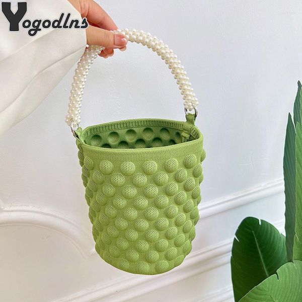 Praia crochê pequena bolsa para meninas verão mão tecido balde saco feminino pérola alça bolha design telefone bolsa