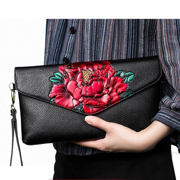 Bolsos de noche Beauty Peony Flower Pintura tridimensional genuina de cuero de vaca Bolsa de cuero Tallado de tallado de coloridos pintados a mano Bolso femenino