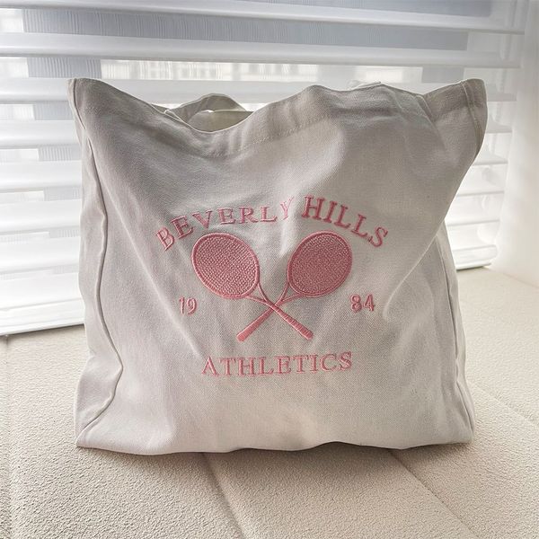 Bolsas de noche Beverly Hills 1984 Atletismo Tenis Bordado Moda Mujer Lienzo Bolsa de compras Estilo vintage Bolso estético Tote 230826