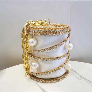 Sacs de soirée Big Pearls Rhinestones Metal Cage Bag Women 2023 New Designer Chic Chain Handle Clutch Purse and Handbags Wedding Party 230427