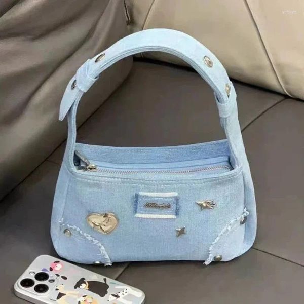 Bolsos de noche de mezclilla azul para mujer, bolso de mano pequeño, bolsos de diseño a la moda, bolso de hombro con remaches para mujer, bolso sencillo para mujer