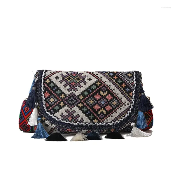 Bolsas de noche Bolsa de mensajero de lona bohemia Mujer Hippie Borlas cuadradas Hombro Boho Gypsy Flap Monedero Mujer Moda Crossbody