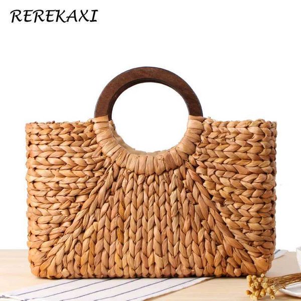 Bolsas de noche Bohemio para mujer Hecho a mano Bolsa de hierba natural Tejiendo Bolsa de playa de verano Bolso de madera redondo J240301