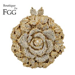 Avondtassen Boutique De FGG Elegant Rose Flower Dames Crystal Evening Clutch Bags Bridal Floral Handtas en Purse Wedding Party Diamond Bag 230711