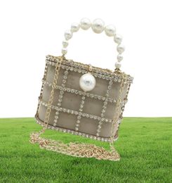 Sacs de soirée Boutique de Fgg Pearl Tophandle Women Totes Bag Gold Bucket Metal Cutches Crystal Poss