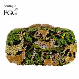 Avondtassen Boutique De FGG Rain Forest Jungle Dames Kristal Dierentuin Avondtassen Dames Diamond Party Handtas Bruidsbruiloft Clutch Bag 230921